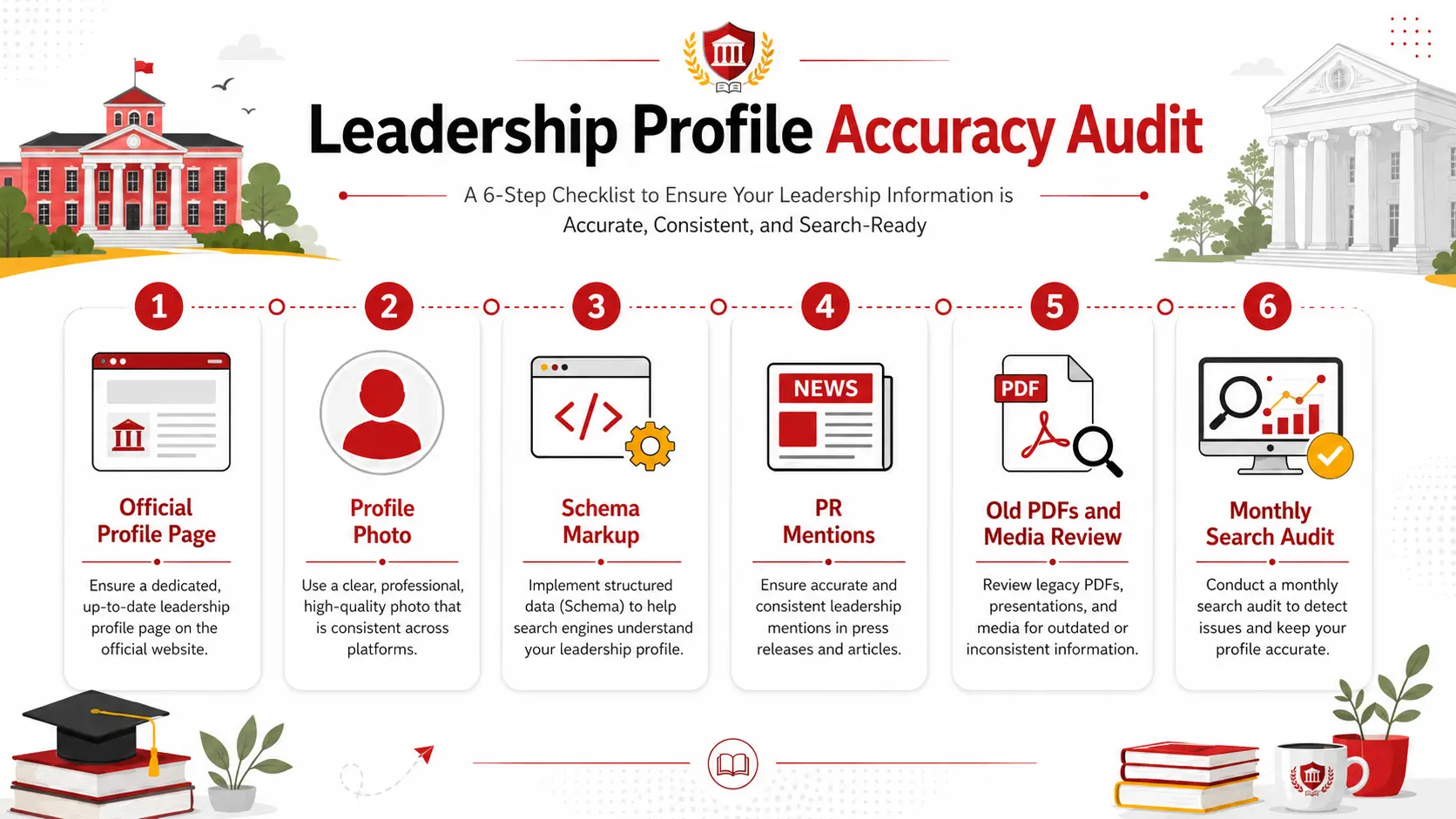 Six step leadership profile accuracy audit checklist for official pages photos schema PR PDFs and search review.