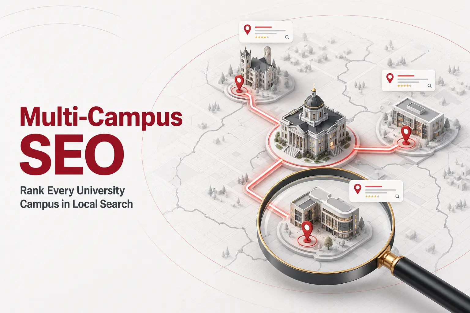 multi-campus-seo-university-local-search Multi-campus SEO strategy showing connected university campuses in local search